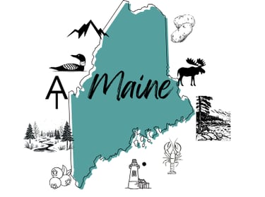 A rough map of Maine surrounding by its major attractions