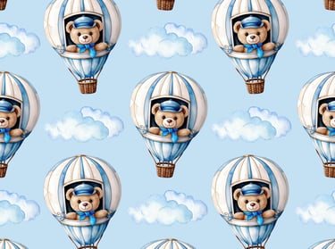 a teddy bear in a blue sky with clouds