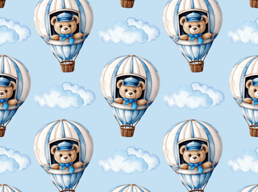 a teddy bear in a blue sky with clouds