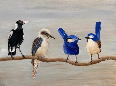 Magpie, Kookaburra, and two Bluebirds