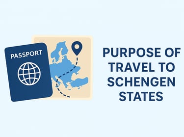 Illustration showing a passport and Europe map with a travel route icon, representing the purpose of