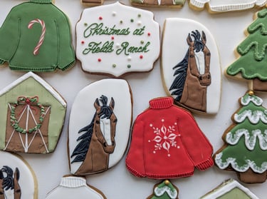 Cookies for a film crew of horses, trees, Christmas sweaters, and barns