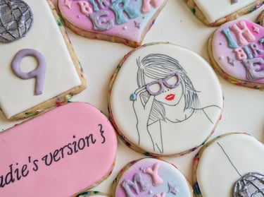cookies with Taylor Swift, Zadie's Version, disco balls in pink, purple, blue, white, and black
