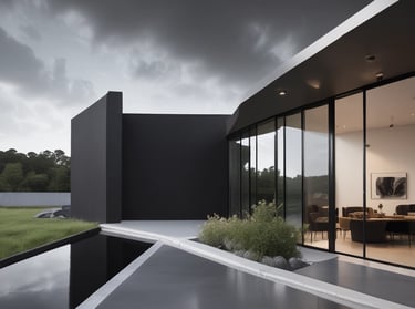 Close-up of a building facade covered with polished South African black granite panels.