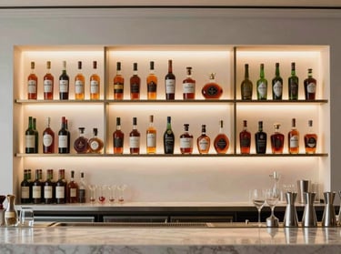 High-end modern bar interior with minimalist design in Brazil, clean shelves, beautiful back-lit spirits bottles, elegant and professional mixology consultancy ambiance.