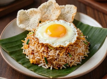 An authentic plate of Javanese Fried Rice, Nasi Goreng Jawa, beautifully plated on a fresh green banana leaf over a ceramic plate, topped with a fried egg and crisp white crackers under warm cozy lighting.