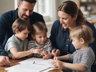 A smiling family with three young children sitting at a table together reviewing paperwork and drawing.