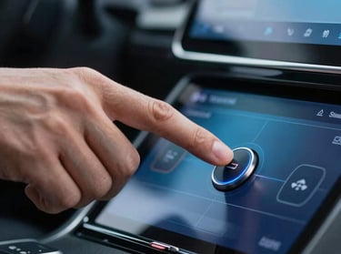 A sharp, clear photograph of a person's hand pressing a button on a sleek automotive touch display, reflecting colors of Muted Cerulean and Steel Blue.