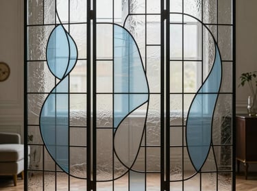 A elegant minimalist room divider screen featuring custom contemporary stained glass with abstract shapes of pale blue and clear textured glass, beautifully illuminating a chic Parisian interior.