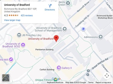 A map showing the location of the University of Bradford, home of the WattCrete project.