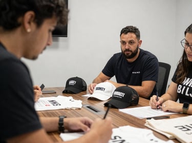 A vibrant workspace showing colorful custom t-shirts, caps, and mugs being printed and embroidered.