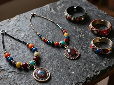Elegantly composed photograph of non-religious artisan necklaces and bracelets with rich colors displayed on a charcoal stone workbench in Latin America / Chile.