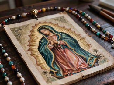 Artistic shot of hand-painted religious Virgin Mary art and handcrafted beaded necklaces laid on dark wood in an artisan atelier in Latin America / Chile, elegant studio lighting.