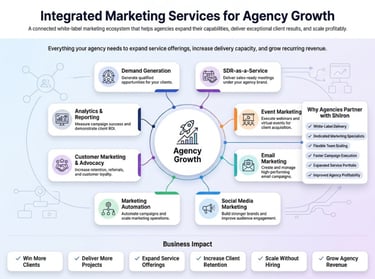 Infographic showing integrated white-label marketing services for agency growth and business impact.