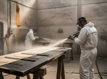Operario decapando una puerta de madera mediante chorreo de arena