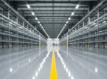 Almacen industrial con el pavimento recien pintado
