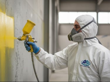 Pintor pintando una pared industrial de amarillo