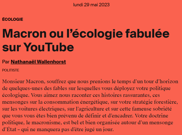 Macron ou l’écologie fabulée sur YouTube AOC média Nathanaël Wallenhorst