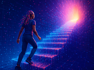 A woman with colorful braids climbs glowing digital stairs toward a bright, futuristic light.       