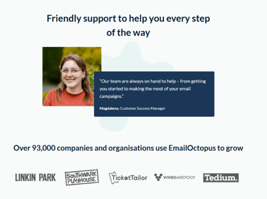a woman with a smile on her face and a message "Our teams are always on hand to help"