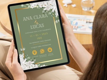 mulher segurando um tablet com a imagem de um convite de casamento digital