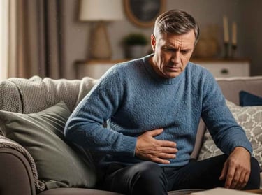 Homem de 55 anos no sofá com a mão no abdômen expressando desconforto, em sala iluminada, ilustrando sintomas de má digestão.