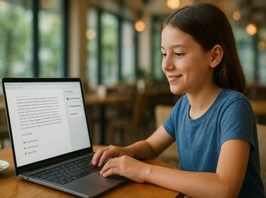A smiling student using Grammarly AI to correct grammar and spelling errors on a laptop