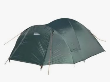 Dark green waterproof dome camping tent with a spacious vestibule for outdoor hiking adventures.