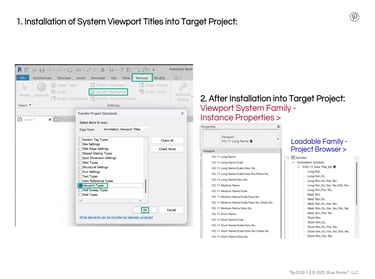 Tip 0102-1.2, Revit images explaining installation steps of Viewport &View Title Family