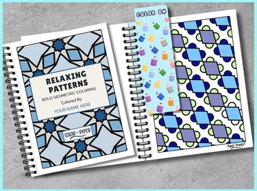 open coloring book with a colored page and a snap in bookmark that says "COLOR ON"