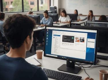 Students practicing basic computer and programming skills in a modern computer lab