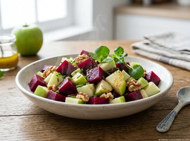 Salada fresca de beterraba e maçã verde com nozes e ervas em uma tigela branca sobre uma mesa