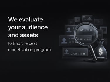 Digital content monetization graphic featuring a magnifying glass analyzing social media profiles and a money bag.