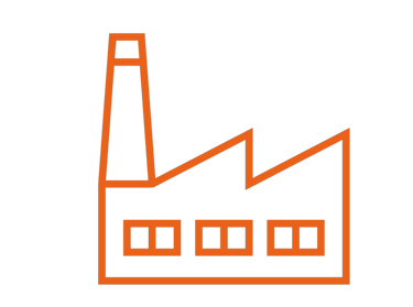 Orange outline icon of an industrial factory building with a smokestack on a black background.