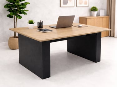 Modern wooden executive desk with black metal legs and a laptop in a bright home office setting.