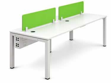 Modern white double office workstation with green privacy screens and integrated power outlets.
