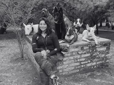 Entrenadora canina sonriente con un grupo de perros de distintas razas en San Luis Potosí