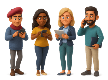 a group of cartoon characters standing next to each other contac us