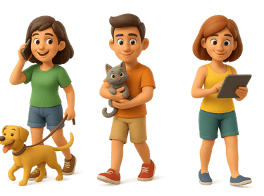a group of cartoon characters with a dog