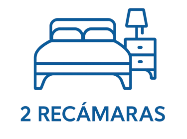Ícono azul de cama con buró que representa departamento con 2 recámaras, diseño ilustrativo