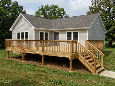 Wide-angle shot of a newly completed pressure-treated wood deck attached to a Delaware home, photographed in afternoon daylight, showing full deck structure, stairs, and railing against green lawn