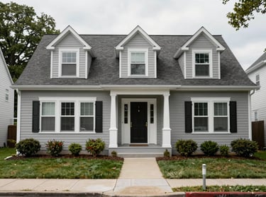 Exterior of a Delaware home after renovation showing new siding, trim, and updated front entry photographed in overcast daylight from the sidewalk, full facade visible