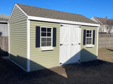 10x14 vinyl shed custom built in Peabody, Massachusetts for durable outdoor storage.
