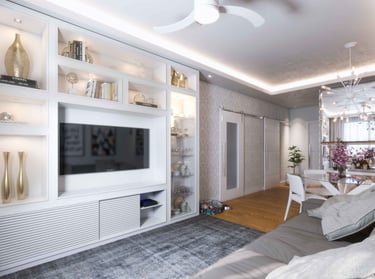 3d render, a living room with a television and a ceiling fan