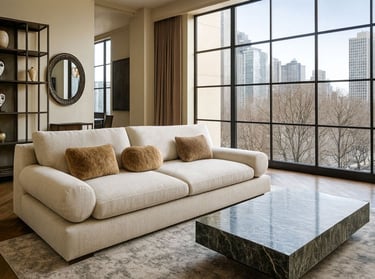Luxury modern sofa in a sunlit high-rise living room with city views and marble coffee table, by Solo Home Decor.
