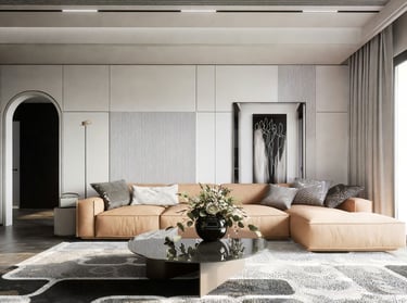 Modern contemporary living room with clean lines and soft neutral tones.