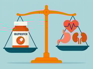 Illustration of scale balancing an ibuprofen bottle against icons of heart, stomach, & kidneys, symbolizing risks and relief