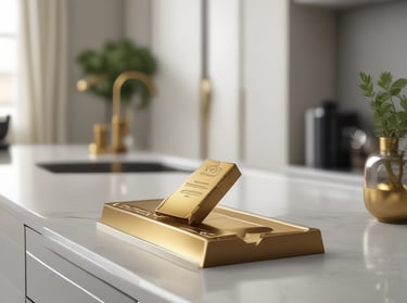 Stack of small gold nuggets with certification documents in the background