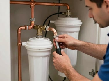 A professional plumber installing copper water pipes and a water filtration system in a clean residential cellar utility room, German quality workmanship.