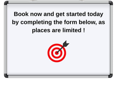 Whiteboard with a target icon and text call to action to book now by completing a form.